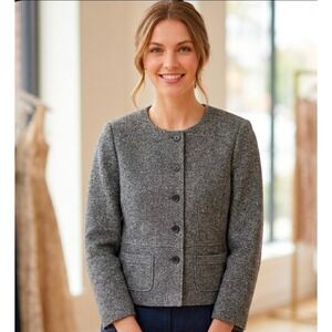 Talbots Womens Grey Wool Blend Metallic Shimmer Collarless Jacket PH5289 Size 16